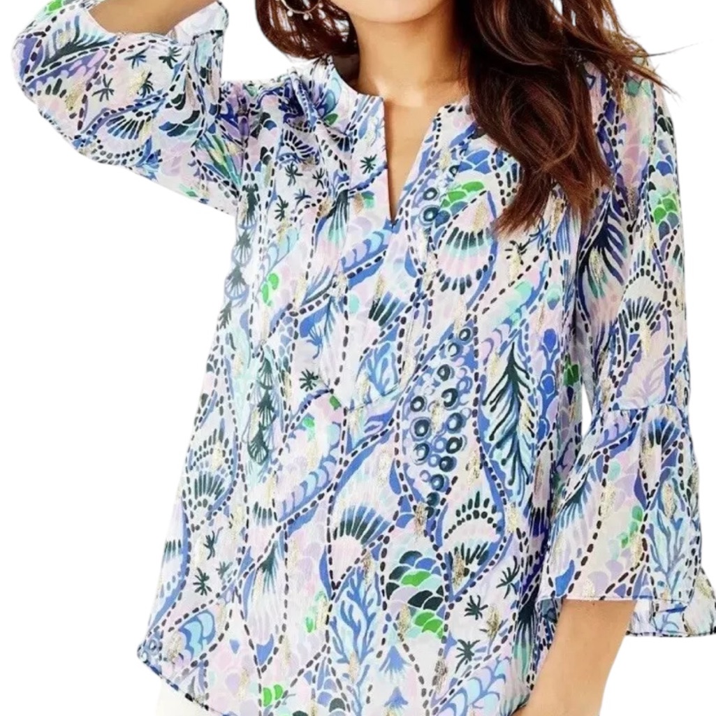 Lilly Pulitzer Elenora Silk Printed Blouse Tails Off The Sea Metallics Size Xxs